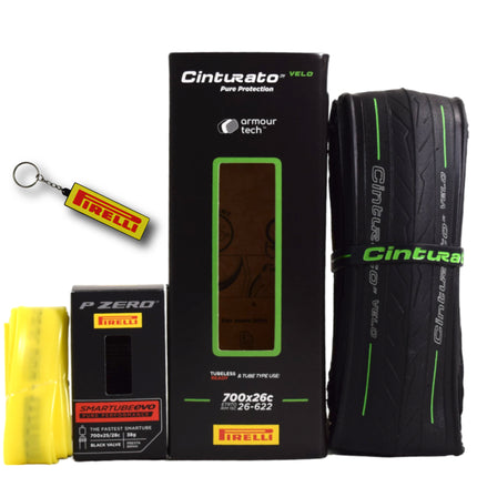 Pirelli Cinturato Velo TLR 26-622 (700 x 26c) Road Bicycle Tire & 25/32-622 Presta P ZERO SmarTUBE - Armour Tech, Clincher Type, Tubeless Ready Bike Tire with Keychain 700x26c