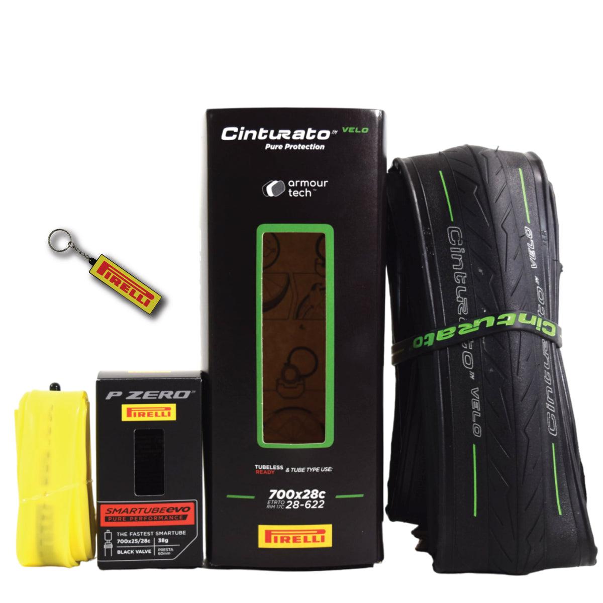 Pirelli Cinturato Velo TLR 28-622 (700 x 28c) Road Bicycle Tire & 25/32-622 Presta P ZERO SmarTUBE - Armour Tech, Clincher Type, Tubeless Ready Bike Tire with Keychain 700x28c