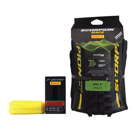 Pirelli Scorpion Race DH T Yellow 63-584 (27.5x 2.5) MTB Bicycle Tire & SmarTUBE 25/28-622 Set- Designed for Hardpacked Courses and Mixed Terrain, 60TPI - Mountain Bike Tire w/Keychain