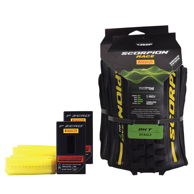 Pirelli Scorpion Race DH T Yellow 63-584 (27.5x 2.5) MTB Bicycle Tire & SmarTUBE 25/28-622 Set- Designed for Hardpacked Courses and Mixed Terrain, 60TPI - Mountain Bike Tire w/Keychain(2 Pk)