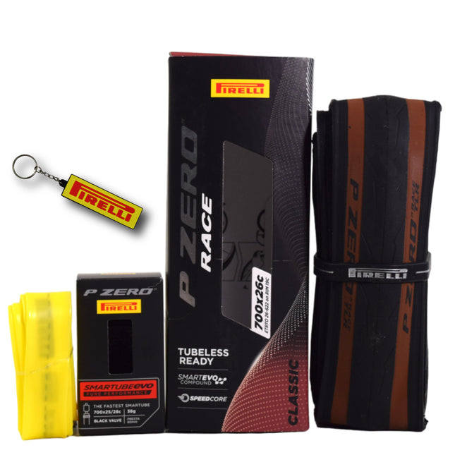 Pirelli P ZERO Race TLR Classic 26-622(700x26c) & SmarTUBE 25/28-622 700C Road Bike Tire & Tube Set-Lightweight, Bicycle Tire & Tube Set for Road Racing-Tan Sidewall, SmartEVO Compound w/Keychain