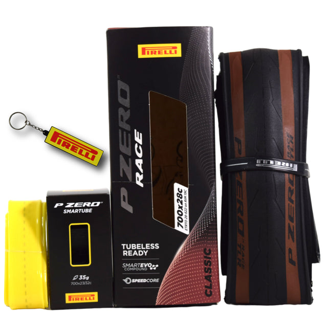 Pirelli P ZERO Race TLR Classic 28-622(700x28c) & SmarTUBE 25/28-622 700C Road Bike Tire & Tube Set-Lightweight, Bicycle Tire & Tube Set for Road Racing-Tan Sidewall, SmartEVO Compound w/Keychain