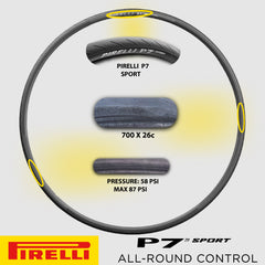Pirelli P7 Sport 26-622 (700x26c) Road Bike Tire & SmarTUBE 25/28-622 700C Presta Tube Set -  All-Round Performance - 60tpi TechBELT Casing & PRO Compound for Comfort & Handling w/Keychain