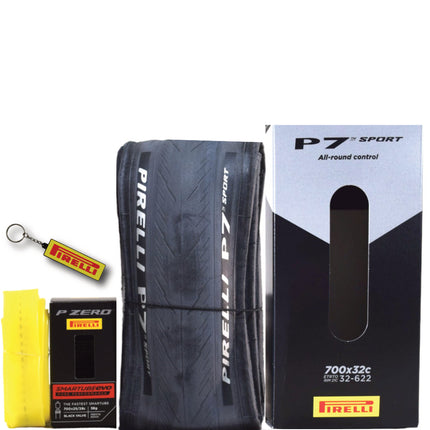 Pirelli P7 Sport 32-622 (700x32c) Road Bike Tire & SmarTUBE 25/28-622 700C Presta Tube Set -  All-Round Performance - 60tpi TechBELT Casing & PRO Compound for Comfort & Handling w/Keychain
