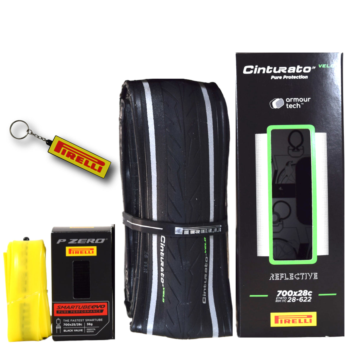 Pirelli Cinturato Velo TLR Reflective 28-622 (700 x 28c) Road Bicycle Tire & 23/28-622 Presta P ZERO SmarTUBE - Armour Tech, Clincher Type, Tubeless Ready Bike Tire with Keychain 700x28c