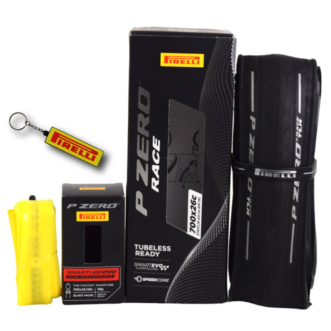 Pirelli P ZERO Race TLR 26-622(700x26c) & SmarTUBE EVO 25/28-622 700C Road Bike Tire & Presta Tube Set- Lightweight, Bicycle Tire & Tube Set for Road Racing - SmartEVO Compound w/Keychain
