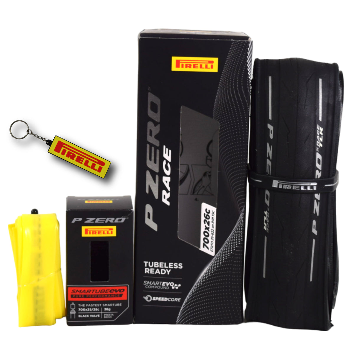 Pirelli P ZERO Race TLR 26-622(700x26c) & SmarTUBE EVO 25/28-622 700C Road Bike Tire & Presta Tube Set- Lightweight, Bicycle Tire & Tube Set for Road Racing - SmartEVO Compound w/Keychain