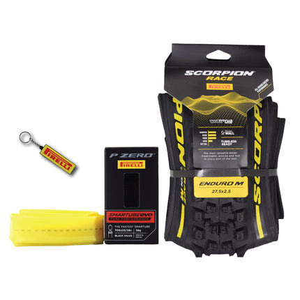 Pirelli Scorpion Race Enduro M Yellow Label 63-584 (27.5x 2.5) MTB Bicycle Tire & SmarTUBE 25/28-622 Set- Designed for Hardpacked Courses and Mixed Terrains, 120x2TPI - Mountain Bike Tire w/Keychain