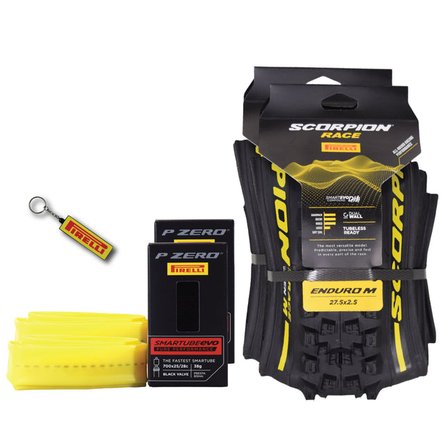 Pirelli Scorpion Race Enduro M Yellow Label 63-584 (27.5x 2.5) MTB Bicycle Tire & SmarTUBE 25/28-622 Set- Designed for Demanding XC Courses, 120x2TPI - Mountain Bike Tire w/Keychain (2 Pk)