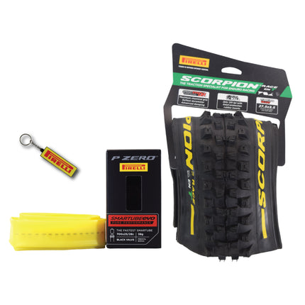 Pirelli Scorpion Race Enduro T Yellow Label 63-584 (27.5x 2.5) MTB Bicycle Tire & SmarTUBE 25/28-622 Set- Designed for Traction and Mixed Terrains, 120x2TPI - Mountain Bike Tire w/Keychain