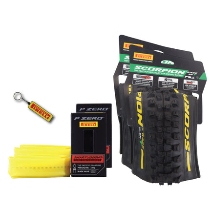 Pirelli Scorpion Race Enduro T Yellow Label 63-584 (27.5x 2.5) MTB Bicycle Tire & SmarTUBE 25/28-622 Set- Designed for Traction and Mixed Terrains, 120x2TPI - Mountain Bike Tire w/Keychain (2 Pk)