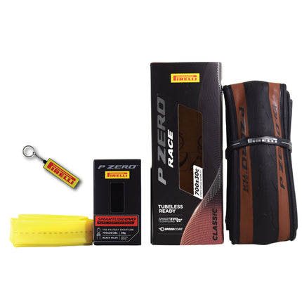 Pirelli P ZERO Race TLR Classic 30-622(700x30c) & SmarTUBE 25/28-622 700C Road Bike Tire & Tube Set-Lightweight, Bicycle Tire & Tube Set for Road Racing-Tan Sidewall, SmartEVO Compound w/Keychain