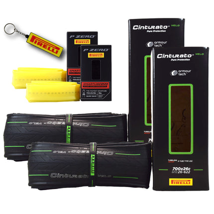 Pirelli Cinturato Velo TLR 26-622 (700 x 26c) Road Bicycle Tire & 25/32-622 Presta P ZERO SmarTUBE - Armour Tech, Clincher Type, Tubeless Ready Bike Tire with Keychain 700x26c(2-Pack Tire & Tubes)