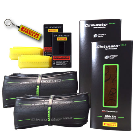 Pirelli Cinturato Velo TLR 32-622 (700 x 28c) Road Bicycle Tire & 25/32-622 Presta P ZERO SmarTUBE - Armour Tech, Clincher Type, Tubeless Ready Bike Tire with Keychain 700x28c(2-Pack Tire & Tubes)