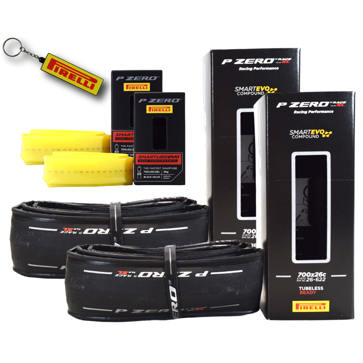 Pirelli P ZERO Race TLR SL 26-622(700x26c) & SmarTUBE EVO 25/28-622 700C Road Bike Tire & Presta Tube Set- Super Lightweight, Bicycle Tire & Tube Set for Road Racing -SmartEVO Compound w/Keychain(2Pk)