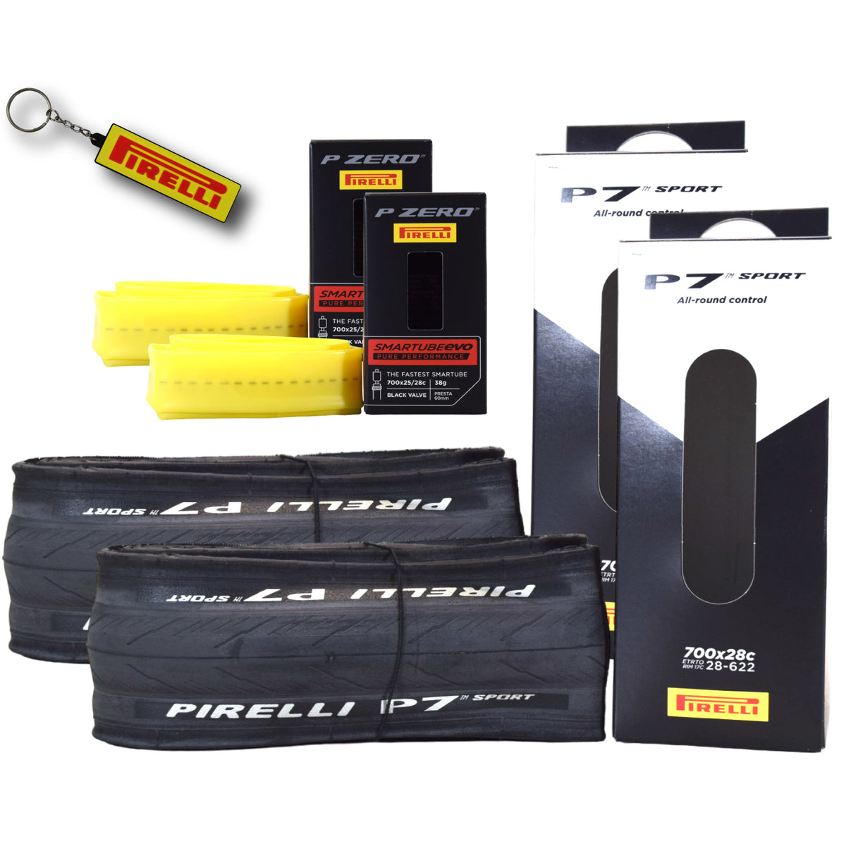 Pirelli P7 Sport 28-622 (700x28c) Road Bike Tire & SmarTUBE 25/28-622 700C Presta Tube Set -  All-Round Performance - 60tpi TechBELT Casing & PRO Compound for Comfort & Handling w/Keychain (2 Pk)
