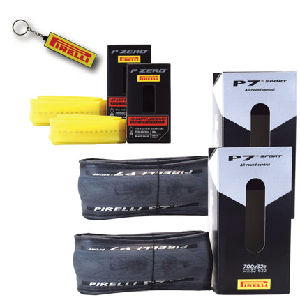 Pirelli P7 Sport 32-622 (700x32c) Road Bike Tire & SmarTUBE 25/28-622 700C Presta Tube Set -  All-Round Performance - 60tpi TechBELT Casing & PRO Compound for Comfort & Handling w/Keychain (2 Pk)