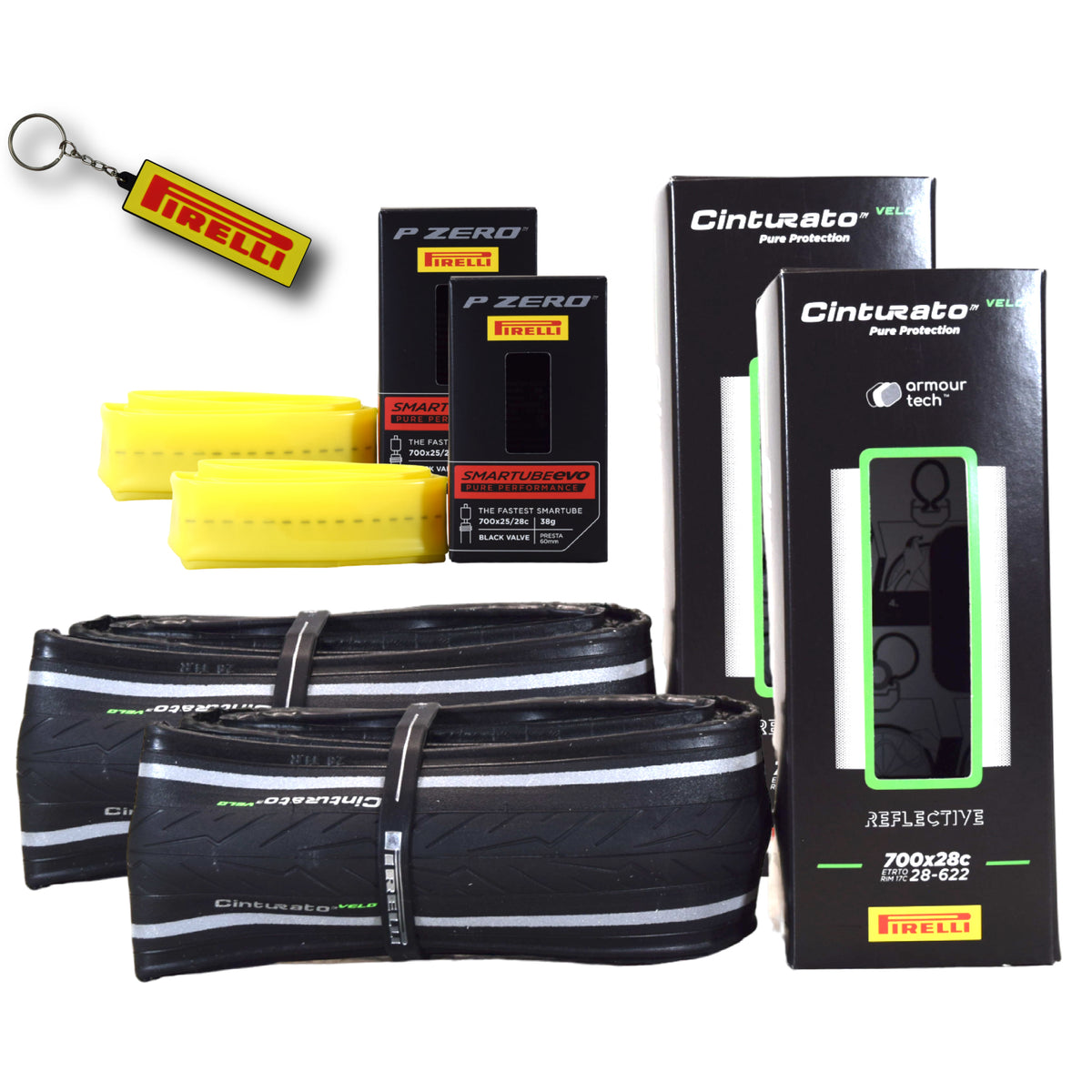 Pirelli Cinturato Velo TLR Reflective 28-622 (700 x 28c) Road Bicycle Tire & 23/28-622 Presta P ZERO SmarTUBE - Armour Tech, Tubeless Ready Bike Tire with Keychain 700x28c(2-Pack Tire & Tubes)