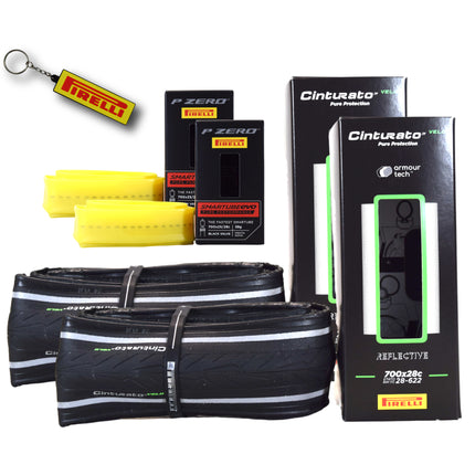 Pirelli Cinturato Velo TLR Reflective 28-622 (700 x 28c) Road Bicycle Tire & 23/28-622 Presta P ZERO SmarTUBE - Armour Tech, Tubeless Ready Bike Tire with Keychain 700x28c(2-Pack Tire & Tubes)