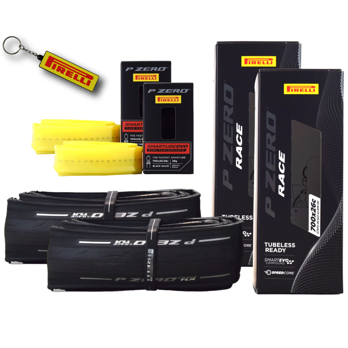 Pirelli P ZERO Race TLR 26-622(700x26c) & SmarTUBE EVO 25/28-622 700C Road Bike Tire & Presta Tube Set- Lightweight, Bicycle Tire & Tube Set for Road Racing - SmartEVO Compound w/Keychain (2Pk)