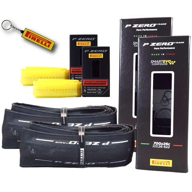 Pirelli P ZERO Race 26-622(700x26c) & SmarTUBE 25/28-622 700C Race Bike Tire & Tube Set- All-Season Performance, High Grip & Durability, Bicycle Tube&Tire Set- w/Keychain (2 Pk)
