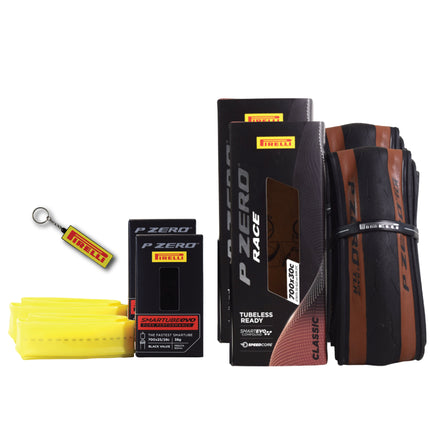 Pirelli P ZERO Race TLR Classic 30-622(700x30c) & SmarTUBE 25/28-622 700C Road Bike Tire & Tube Set-Lightweight, Bicycle Tire & Tube Set for Road Racing-Tan Sidewall, SmartEVO Compound w/Keychain(2Pk)