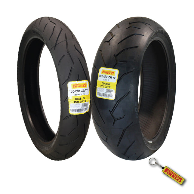 Pirelli Diablo Rosso II 200/50-17 (75W) TL Rear & 120/70 ZR 17 M/C (58W) TL (K) Front Motorcycle Tire - High Performance, Durable, and Reliable: Sport Performance for Road Use with Keychain