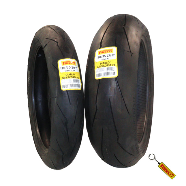 Pirelli Diablo SUPERCORSA V3 Front 120/70ZR17 (58 W) & Rear 180/55ZR17 (73 W) Motorcycle Tires  - High Performance, Durable, & Reliable Tire for Street Racing Bikes w/ Keychain