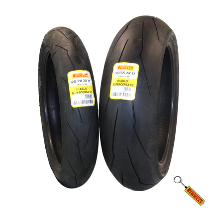 Pirelli Diablo SUPERCORSA V3 Front 120/70ZR17 (58 W) & Rear 190/55ZR17 (75 W) Motorcycle Tires  - High Performance, Durable, & Reliable Tire for Street Racing Bikes w/ Keychain