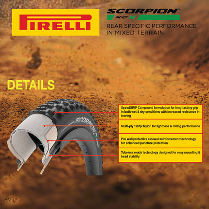 Pirelli Scorpion XC R Classic Tan 55-622 (29x 2.2) MTB Bicycle Tire  - Designed for Hardpacked and Trail Courses, and Everyday Biking, 60TPI and ProWall Casing- Mountain Bike Tire w/Keychain