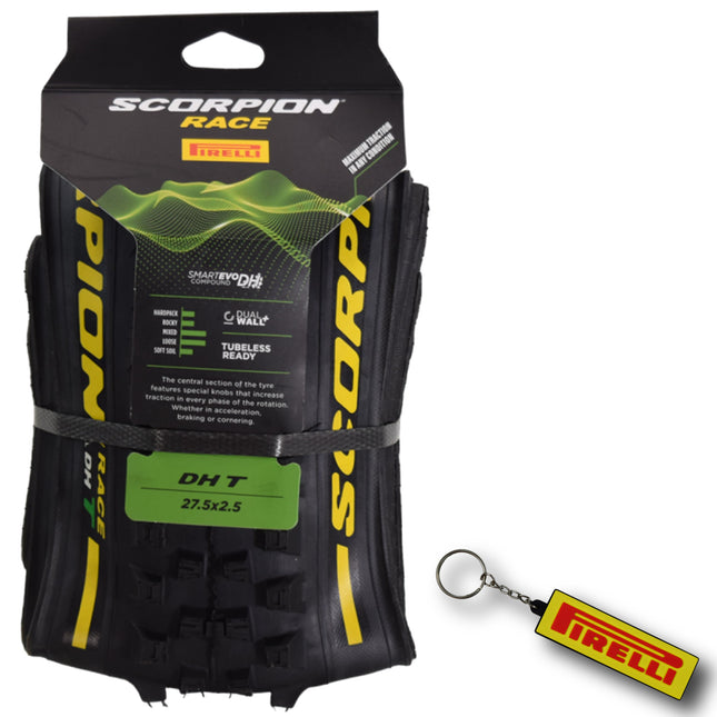 Pirelli Scorpion Race DH T Yellow 63-584 (27.5x 2.5) MTB Bicycle Tire  - Designed for Hardpacked Courses and Mixed Terrain, 60TPI and ProWall Casing- Mountain Bike Tire w/Keychain