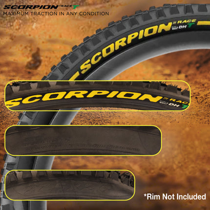 Pirelli Scorpion Race DH T Yellow 63-584 (27.5x 2.5) MTB Bicycle Tire  - Designed for Hardpacked Courses and Mixed Terrain, 60TPI and ProWall Casing- Mountain Bike Tire w/Keychain