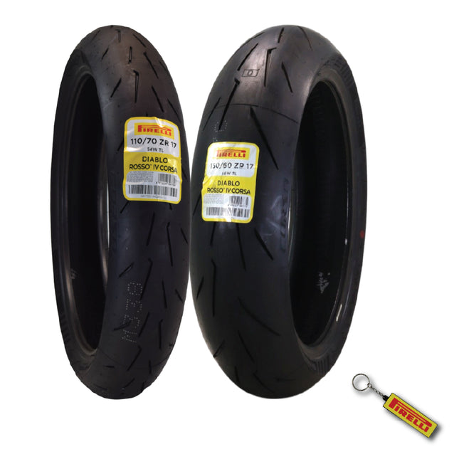 Pirelli Diablo Rosso IV Corsa Front 110/70ZR17 (54 W) & Rear 150/60-17 80W Motorcycle Tires  - High Performance, Durable, & Reliable Tire for Street Racing Bikes w/ Keychain