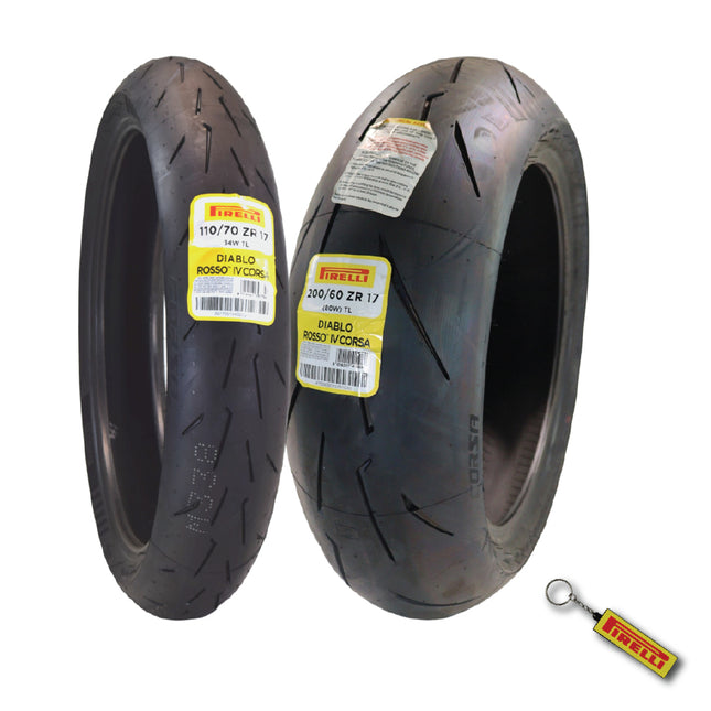 Pirelli Diablo Rosso IV Corsa Front 110/70ZR17 (54 W) & Rear 200/60-17 80W Motorcycle Tires  - High Performance, Durable, & Reliable Tire for Street Racing Bikes w/ Keychain