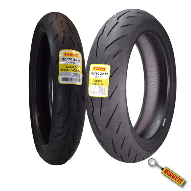 Pirelli Diablo Rosso IV 110/70 ZR 17 54W M/C Front & 180/55 ZR 17 M/C TL Rear Motorcycle Tire Set - High Performance, Durable for Super Sport Bikes with Keychain