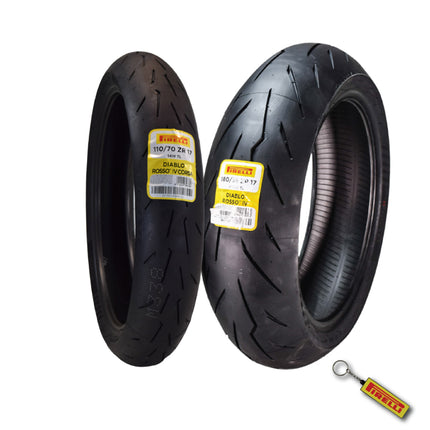 Pirelli Diablo Rosso IV 110/70 ZR 17 54W M/C Front & 180/55 ZR 17 M/C TL Rear Motorcycle Tire Set - High Performance, Durable for Super Sport Bikes with Keychain