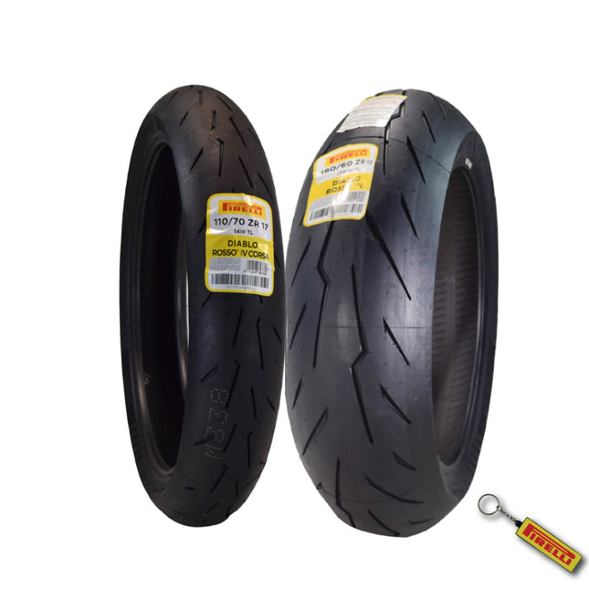 Pirelli Diablo Rosso IV 110/70 ZR 17 54W M/C Front & 180/60 ZR 17 M/C TL Rear Motorcycle Tire Set - High Performance, Durable for Super Sport Bikes with Keychain