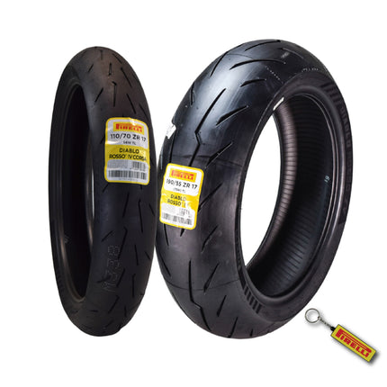 Pirelli Diablo Rosso IV 110/70 ZR 17 54W M/C Front & 190/55 ZR 17 M/C TL Rear Motorcycle Tire Set - High Performance, Durable for Super Sport Bikes with Keychain