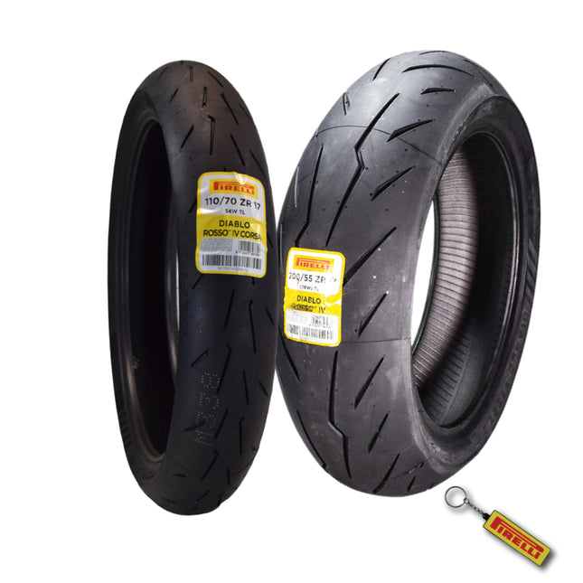 Pirelli Diablo Rosso IV 110/70 ZR 17 54W M/C Front & 200/55 ZR 17 M/C TL Rear Motorcycle Tire Set - High Performance, Durable for Super Sport Bikes with Keychain