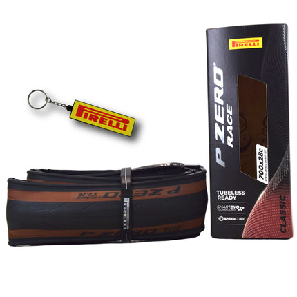 Pirelli P ZERO Race TLR Classic 28-622 (700x28c) Road Bike Tire - Tubeless Ready, Lightweight, High-Performance Bicycle Tire for Road Racing & Training – Tan Sidewall, SmartEVO Compound w/Keychain