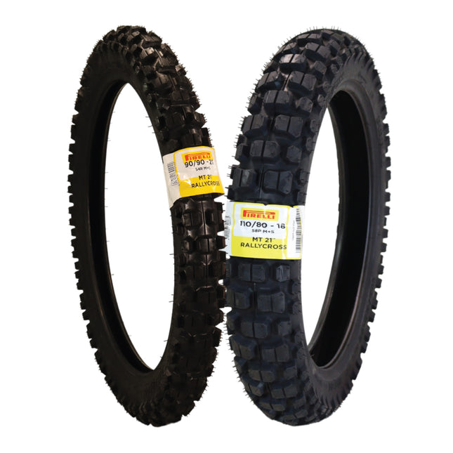 Pirelli MT 21 Rallycross 90/90-21 Front & 110/80-18 Rear Motorcycle Tires - Dual-Sport/Enduro, Aggressive Tread for Off-Road & Rally, High-Performance Grip, Fits Adventure & Dirt Bikes with Keychain