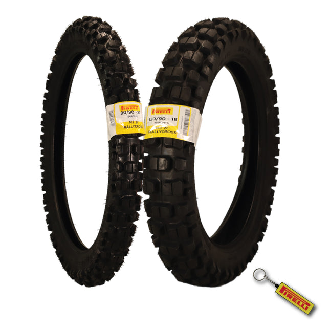 Pirelli MT 21 Rallycross 90/90-21 Front & 120/90-18 Rear Motorcycle Tires - Dual-Sport/Enduro, Aggressive Tread for Off-Road & Rally, High-Performance Grip, Fits Adventure & Dirt Bikes with Keychain