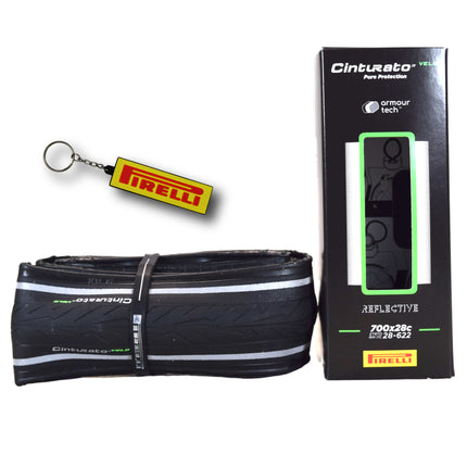 Pirelli Cinturato Velo TLR Reflective 28-622 (700 x 28c) Road Bicycle Tire - Great for Long-Distances and Various Terrains - Armour Tech, Clincher Type, Tubeless Ready Bike Tire with Keychain 700x28c