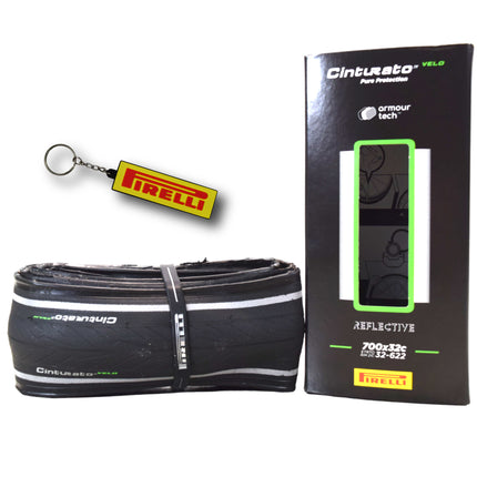 Pirelli Cinturato Velo TLR Reflective 32-622 (700 x 32c) Road Bicycle Tire - Great for Long-Distances and Various Terrains - Armour Tech, Clincher Type, Tubeless Ready Bike Tire with Keychain 700x32c
