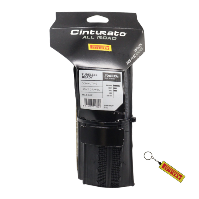 Pirelli Cinturato All Road 700x35c (35-622) Black Bicycle Tire Bundle with Keychain | Tubeless Ready ProWall Casing Premium Gravel, Adventure, Hardpack, and Commuter Bike Single Front or Rear