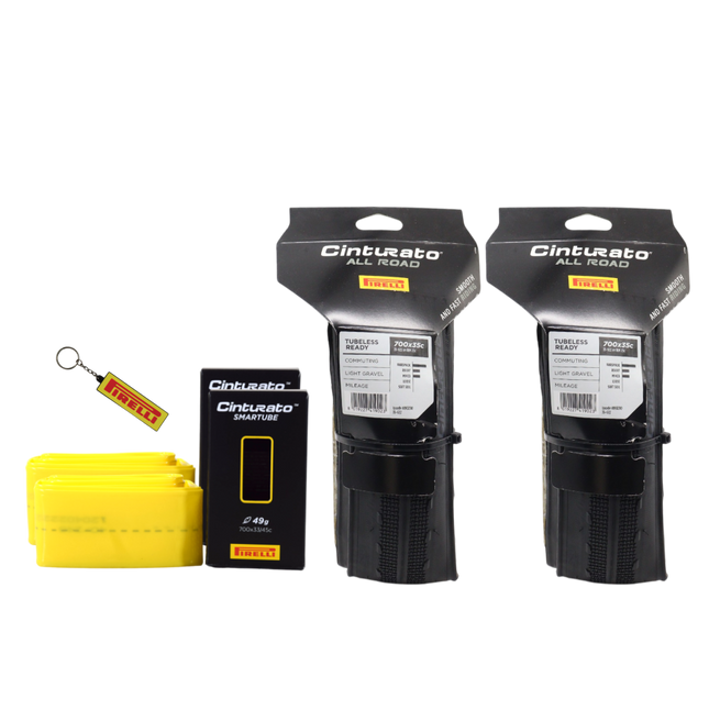 Pirelli Cinturato All Road 700x35c (35-622) Black Bicycle Tire (2-Pack) Bundle with Cinturato SmarTube 33/45-622 Presta 60mm TPU Tube (2-Pack) and Keychain | Full Gravel & Adventure Bike Set