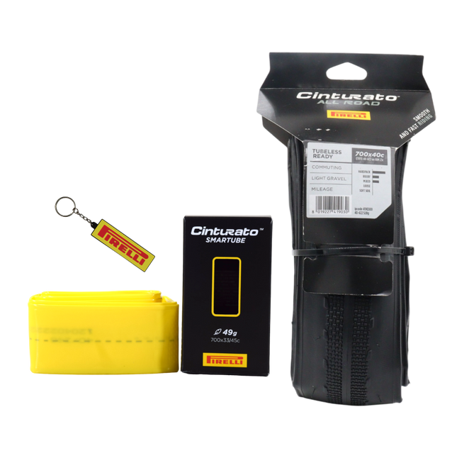 Pirelli Cinturato All Road 700x40c (40-622) Black Bicycle Tire Bundle with Cinturato SmarTube 33/45-622 Presta 60mm TPU Tube and Keychain | Premium Gravel, Adventure, and Commuter Bike Set