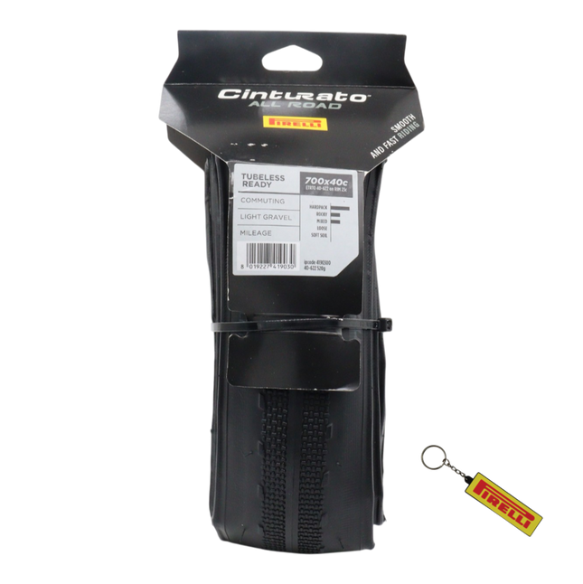 Pirelli Cinturato All Road 700x40c (40-622) Black Bicycle Tire Bundle with Keychain | Tubeless Ready ProWall Casing Premium Gravel, Adventure, Hardpack, and Commuter Bike Single Front or Rear