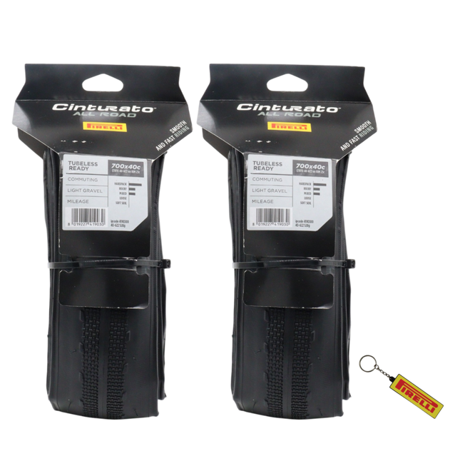 Pirelli Cinturato All Road 700x40c (40-622) Black Bicycle Tire (2-Pack) Bundle with Keychain | Tubeless Ready ProWall Casing Premium Gravel, Adventure, Hardpack, and Commuter Full Wheel Set