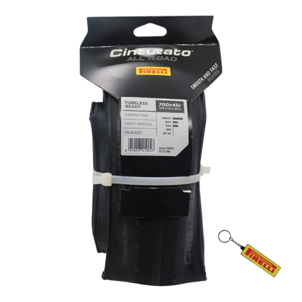 Pirelli Cinturato All Road 700x45c (45-622) Black Bicycle Tire Bundle with Keychain | Tubeless Ready ProWall Casing Premium Gravel, Adventure, Hardpack, and Commuter Bike Single Front or Rear